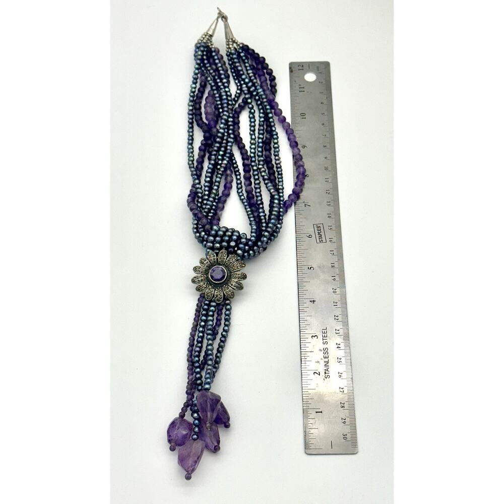 VTG Sterling Silver Natural Pearl Amethyst & Marcasite Statement Necklace Chunky - Picture 10 of 11